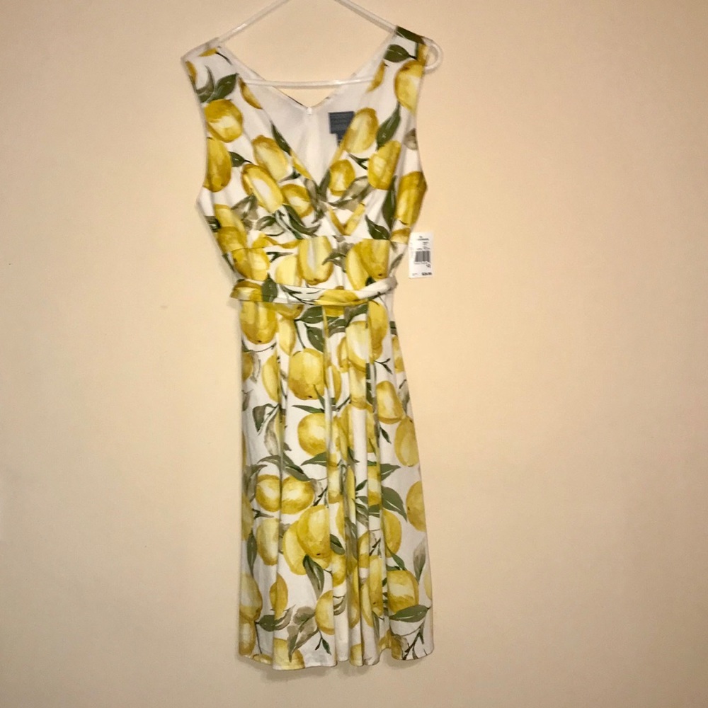 Dress white with lemons and green leaves, size 12.
